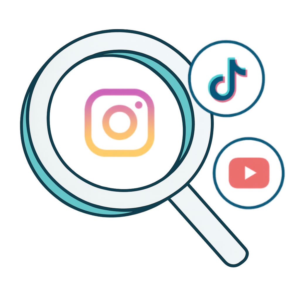 a magnifying glass that is zooming on the instagram, tiktok, and youtube logos