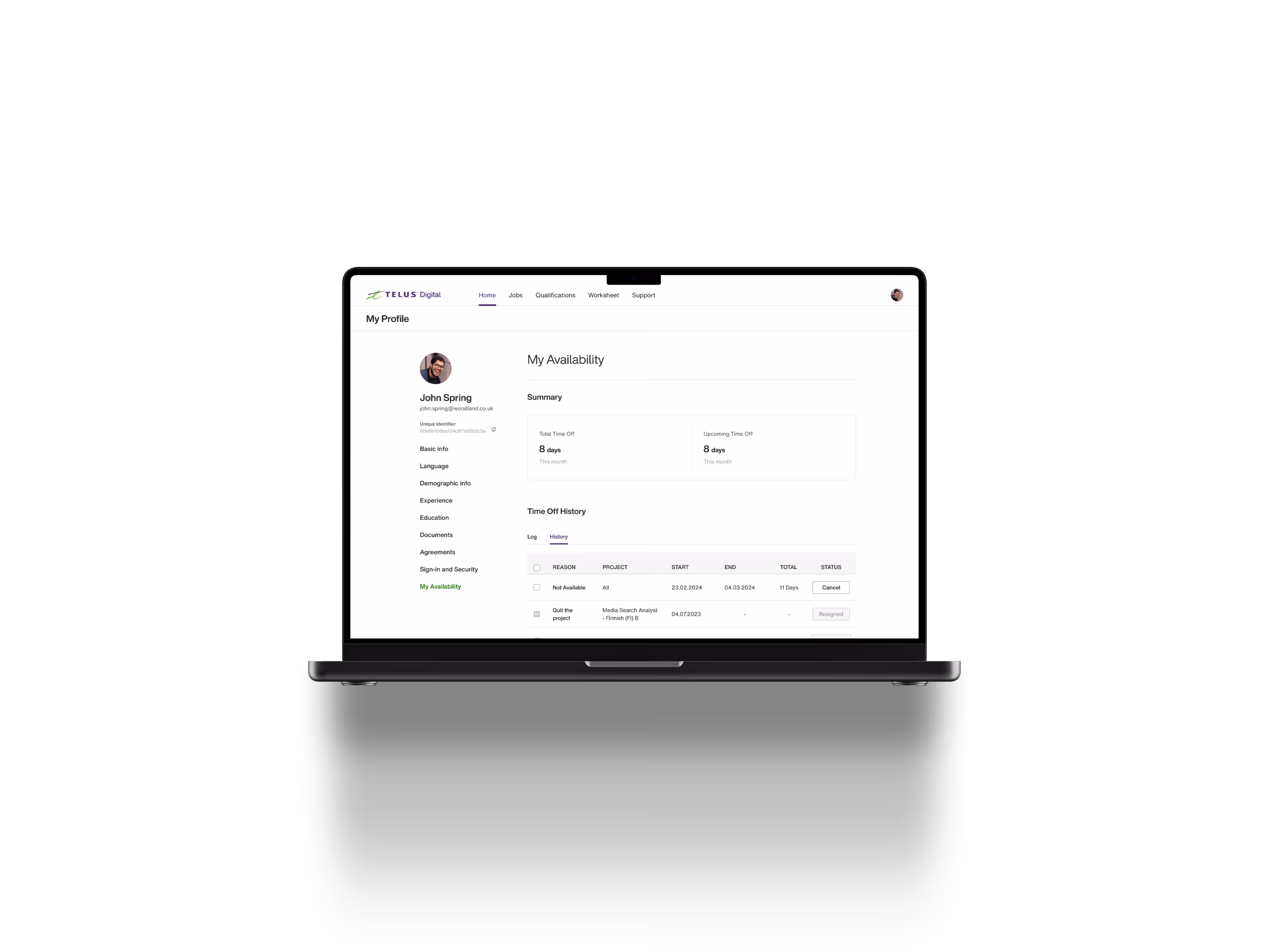 Laptop screen displaying a user profile page titled 'My Availability' with summary of time off and time off history for John Spring on Telus Digital platform.