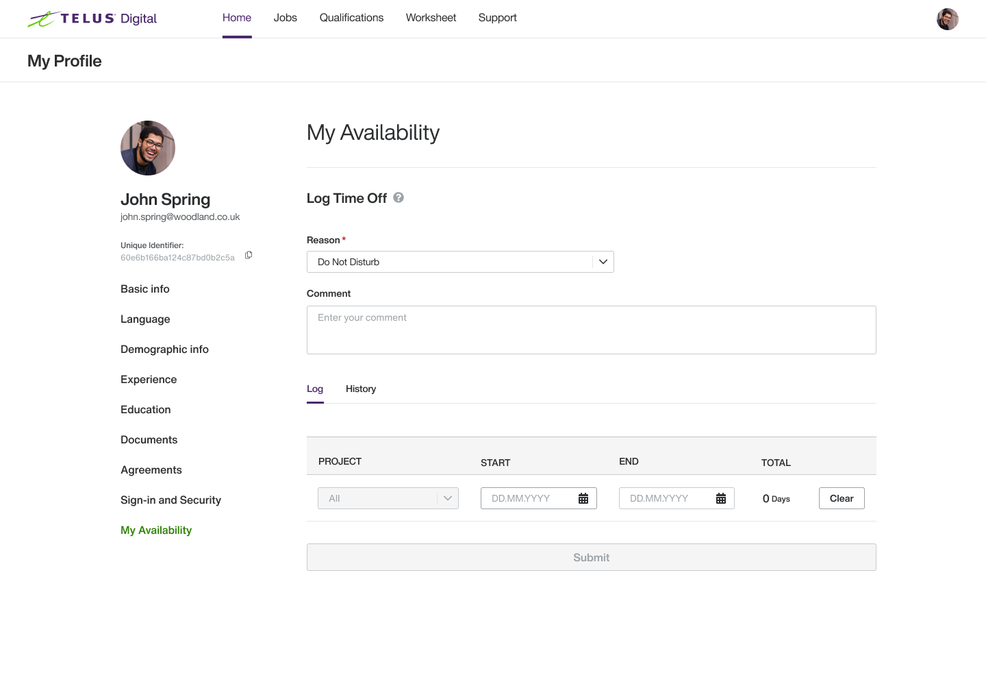 User profile page showing John Spring's availability with options to log time off by selecting reason, comment, project, start and end dates, and total days.