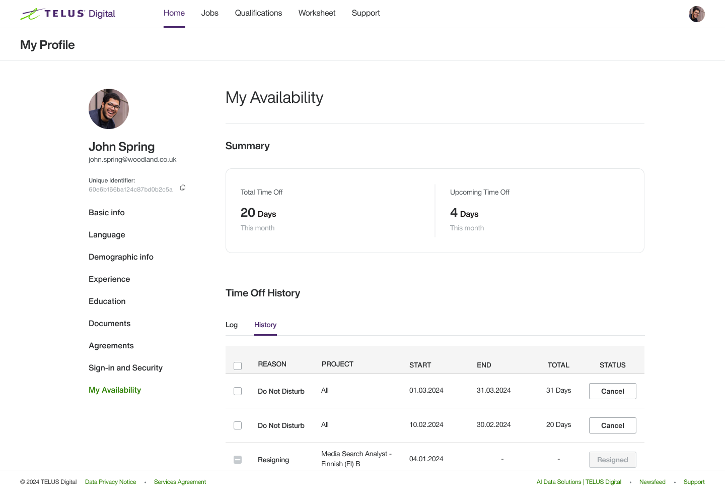 User profile page of John Spring on TELUS Digital showing availability summary with total and upcoming time off, and detailed time off history with reasons, projects, dates, and status.