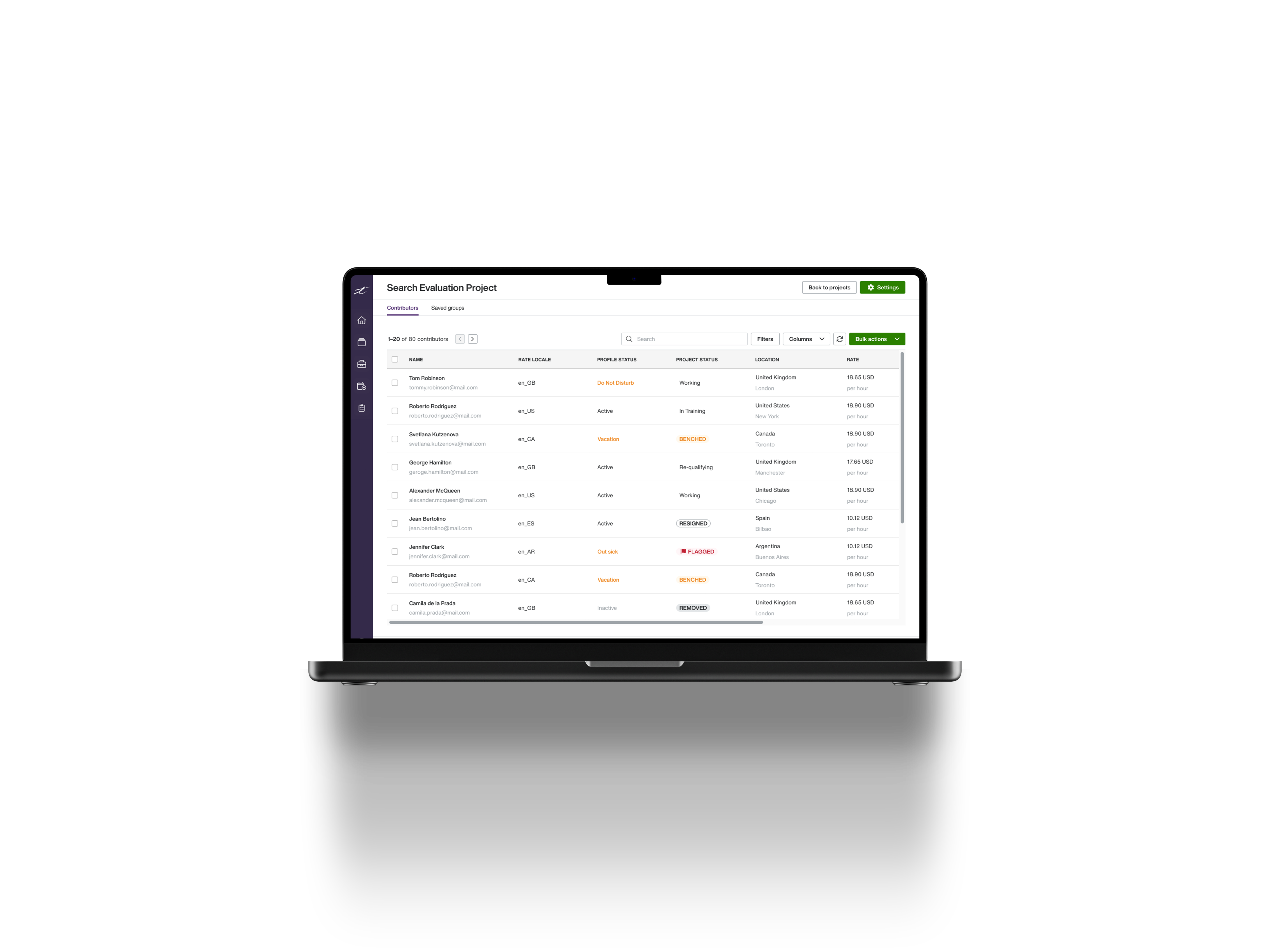 Laptop screen displaying a 'Search Evaluation Project' dashboard with contributors' names, locations, statuses, and hourly rates in a tabular format.