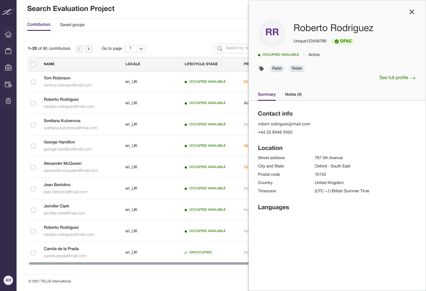User interface of Search Evaluation Project showing contributor list with details of Roberto Rodriguez including contact info and location in Oxford, UK.