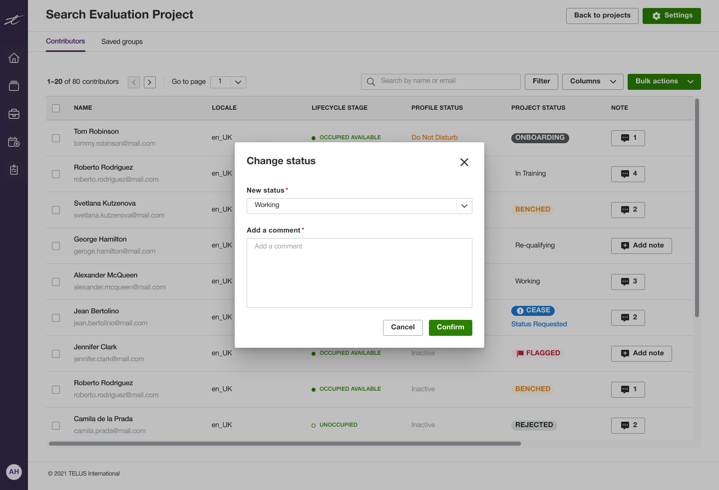 User interface showing a Search Evaluation Project contributors list with a Change status popup. The popup allows selecting a new status as 'Working' and adding a comment, with Cancel and Confirm buttons.