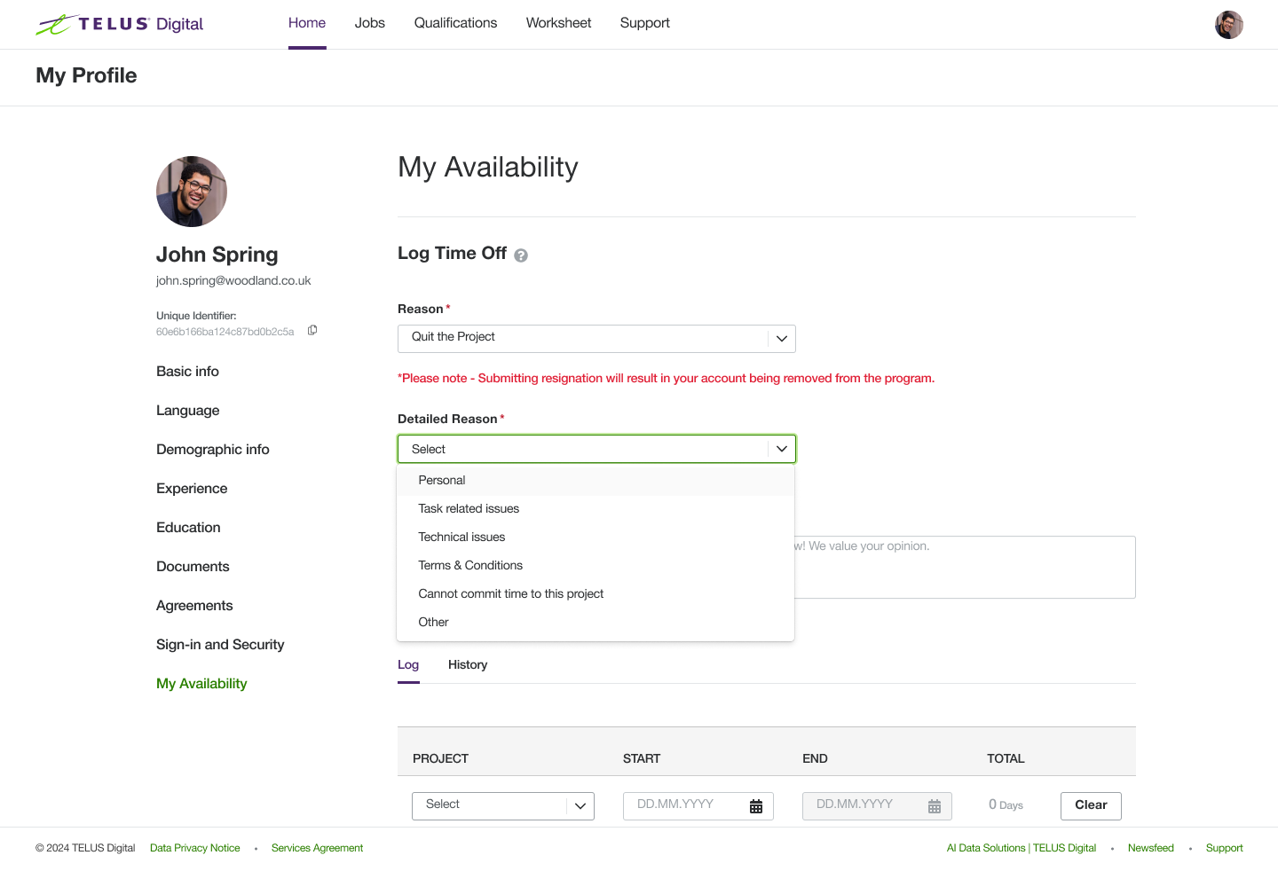 User profile page showing availability with dropdowns for logging time off reasons, including detailed reasons such as Personal and Technical issues.