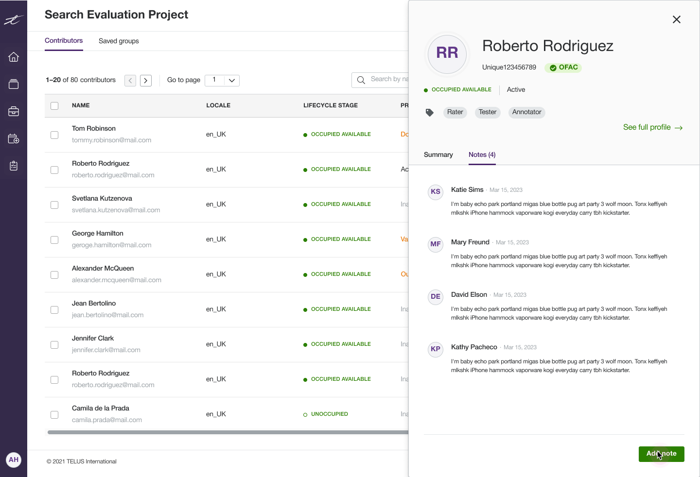 User interface for a Search Evaluation Project showing a contributors list with details like name, email, locale, lifecycle stage, and profile status. The detailed view panel on the right displays Roberto Rodriguez's profile with tags as Rater, Tester, Annotator, and notes from various users.