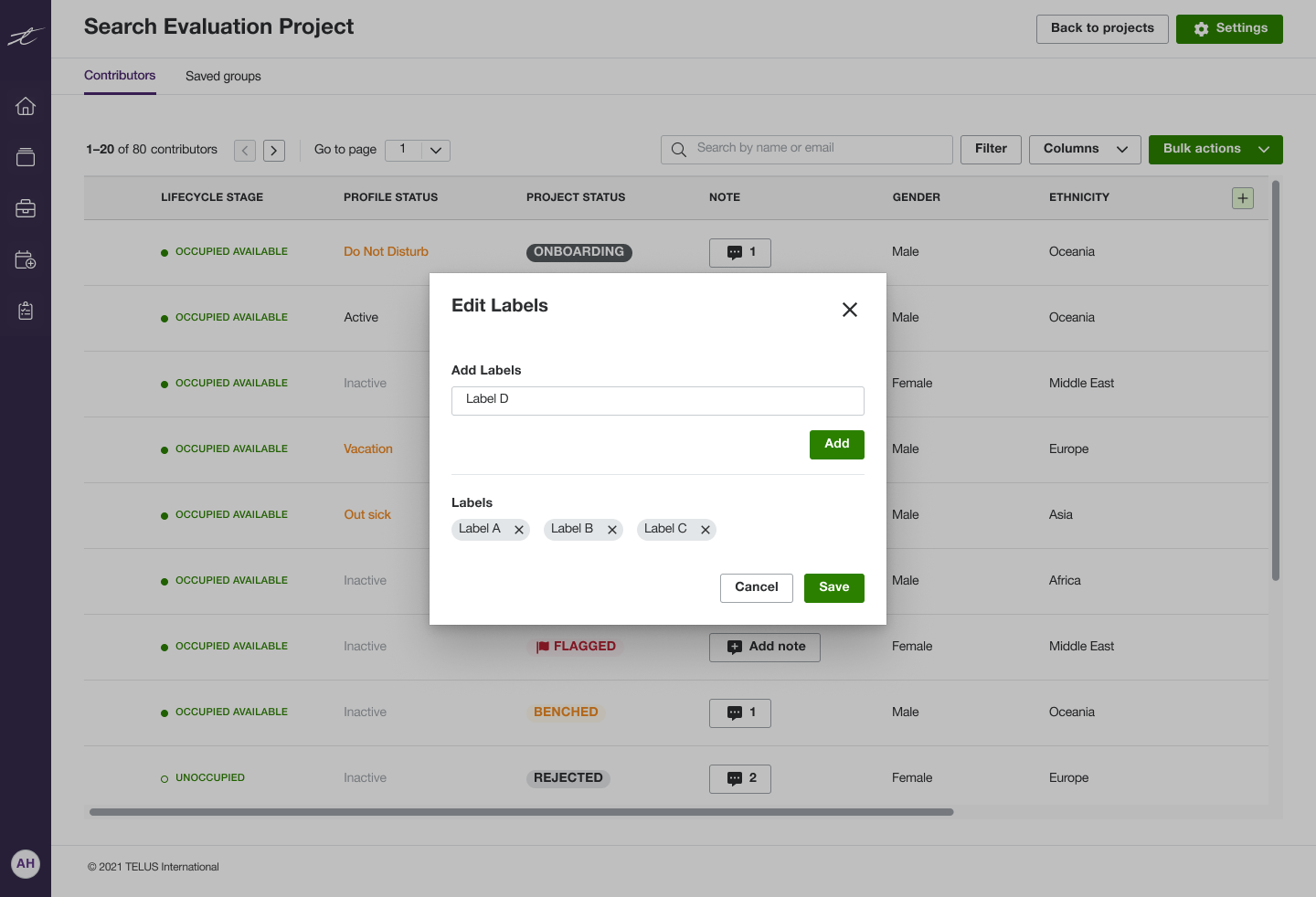 User interface of a Search Evaluation Project showing a contributors table with lifecycle stages, profile and project statuses, gender, and ethnicity, with an Edit Labels popup to add or remove labels like Label A, B, C, and D.