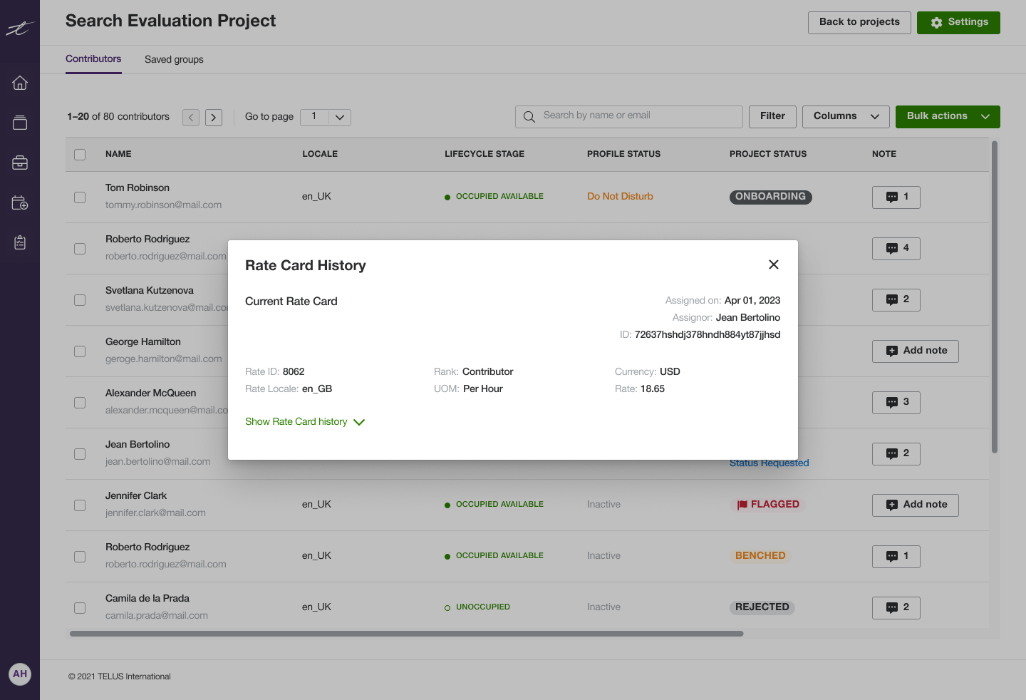User interface of a Search Evaluation Project showing a Rate Card History popup with contributor details including Rate ID 8062, rank Contributor, currency USD, rate 18.65, assignment date April 1, 2023, and assignee Jean Bertolino.
