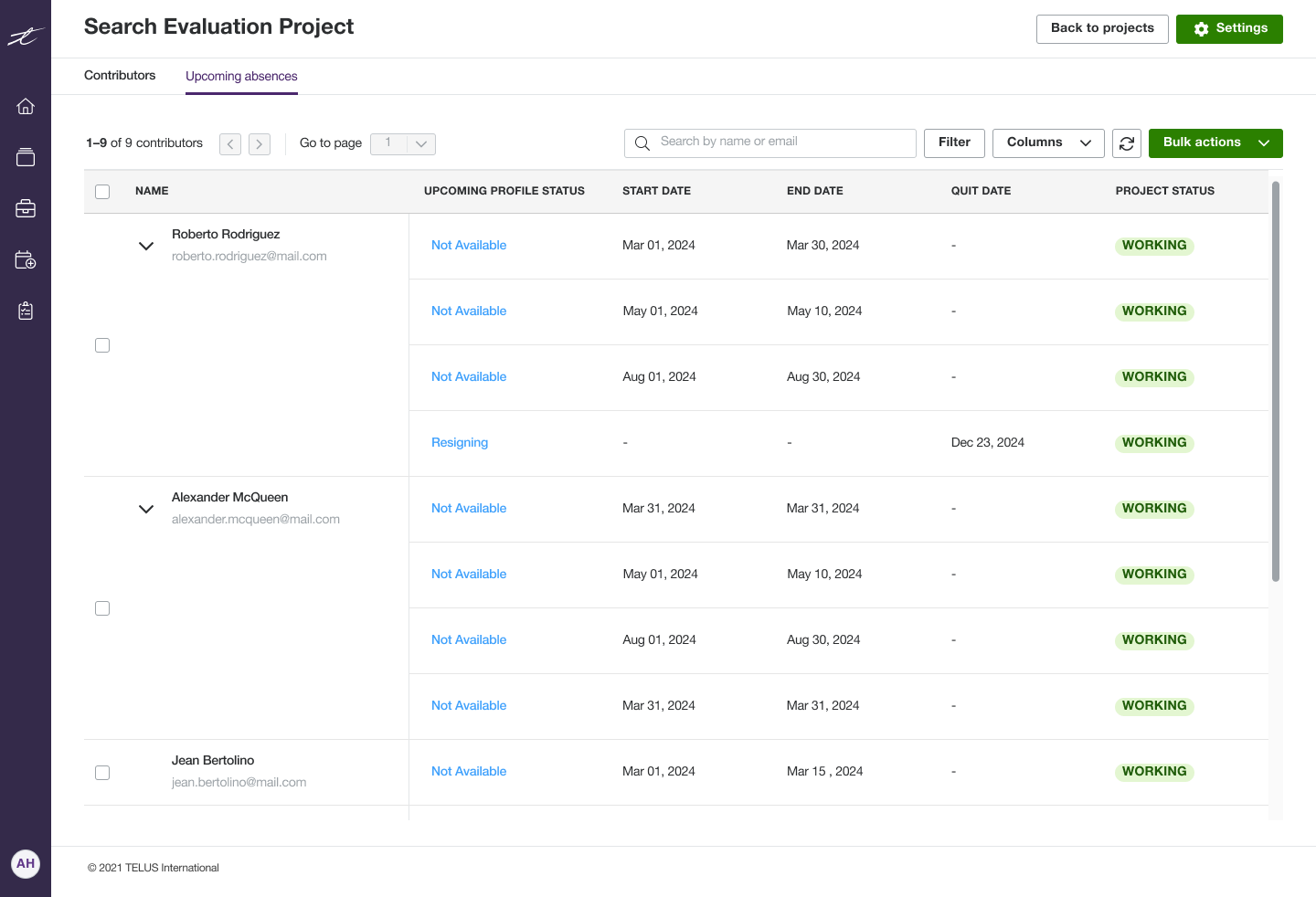 Dashboard screen showing a Search Evaluation Project contributors list with upcoming absences, including names, profile statuses, start and end dates, quit dates, and project status.