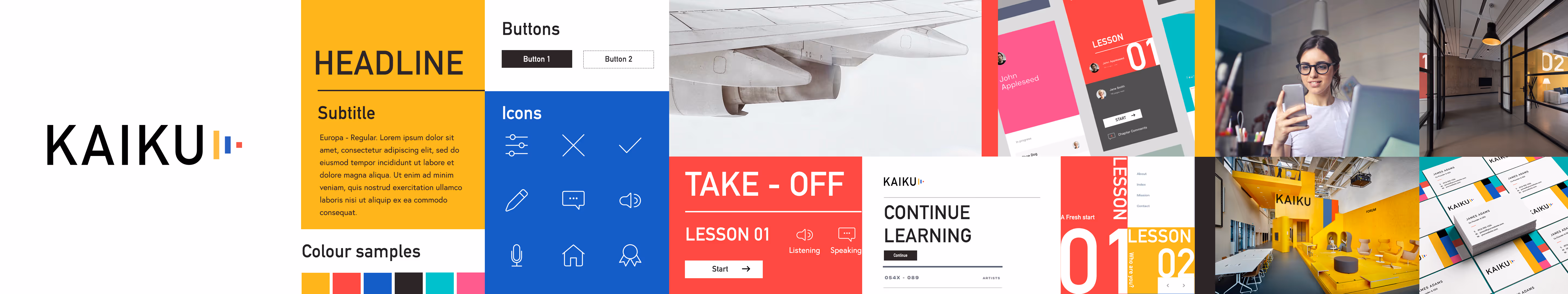 Creative style scape showcasing Kaiku branding with logo, color samples, icons, user interface designs, and office interior photos featuring yellow accents.