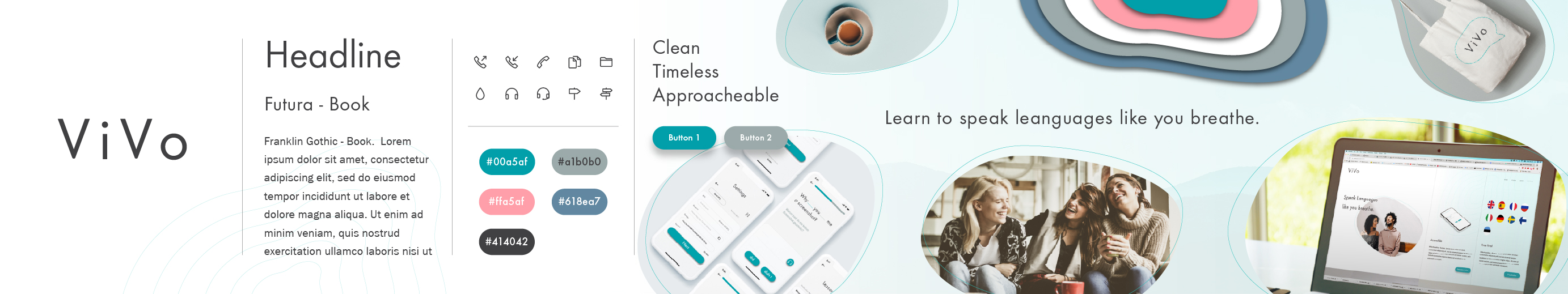 Creative style scape showcasing Vivo branding with logo, typography, color palette, icons, and app interface mockups with people socializing and the slogan 'Learn to speak languages like you breathe.'