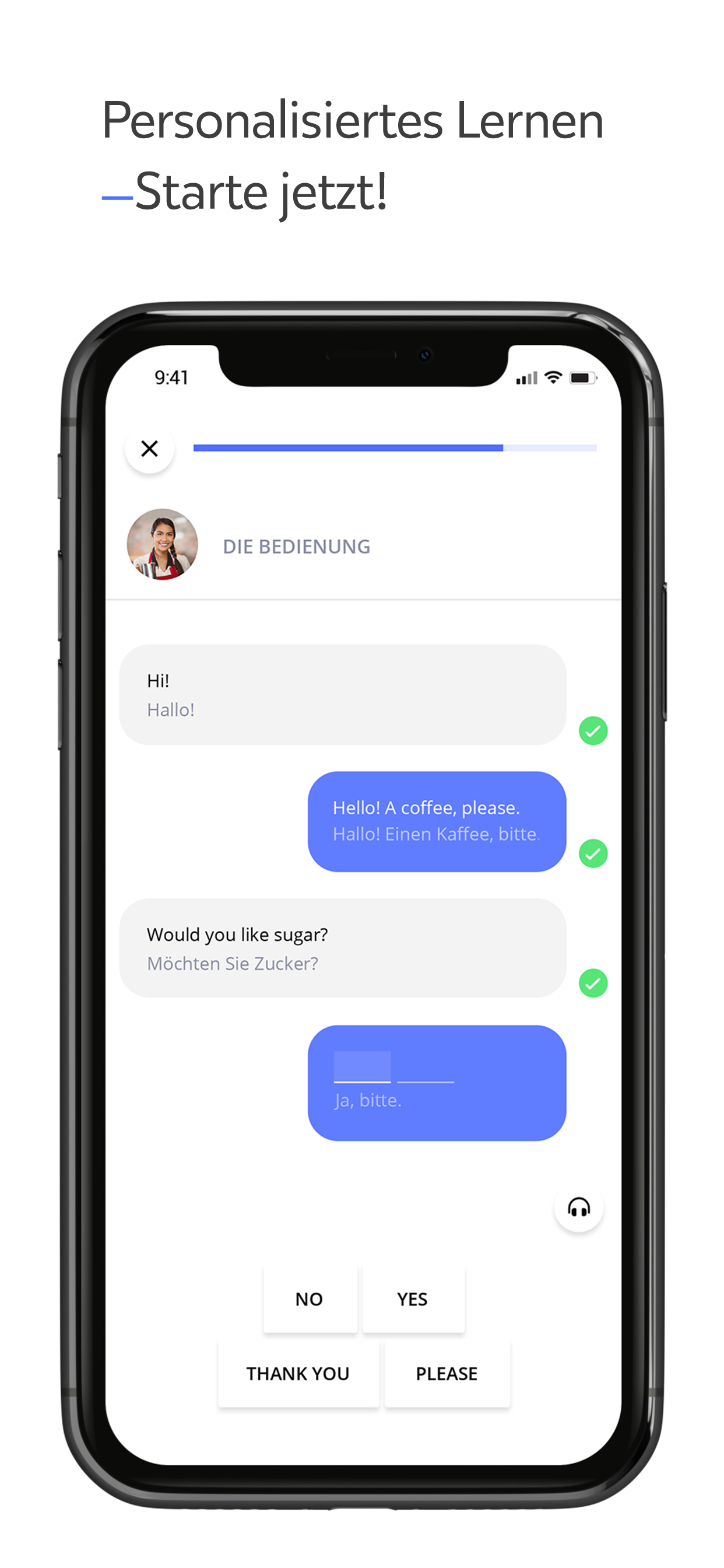 Smartphone screen showing a language learning app with a chat conversation in English and German about ordering coffee, including phrases and translation options like NO, YES, THANK YOU, PLEASE.
