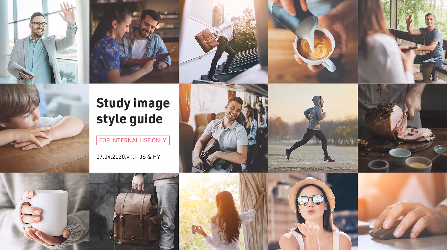 Collage of lifestyle images including people waving, studying, running, coffee pouring, and food preparation surrounding a text panel reading ‘Study image style guide for internal use only’