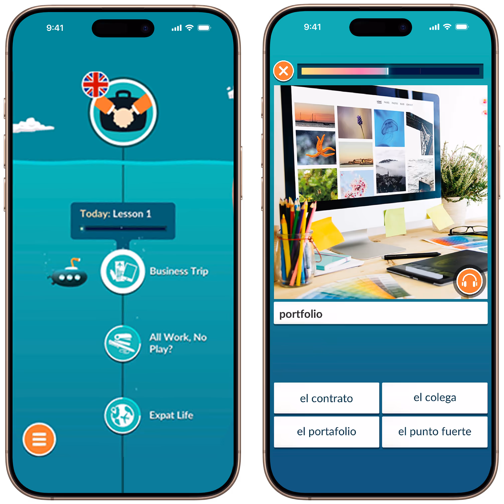 Two phone screens showing the WordDive language learning app with lesson menu and a vocabulary quiz for the word 'portfolio' with four Spanish answer options.
