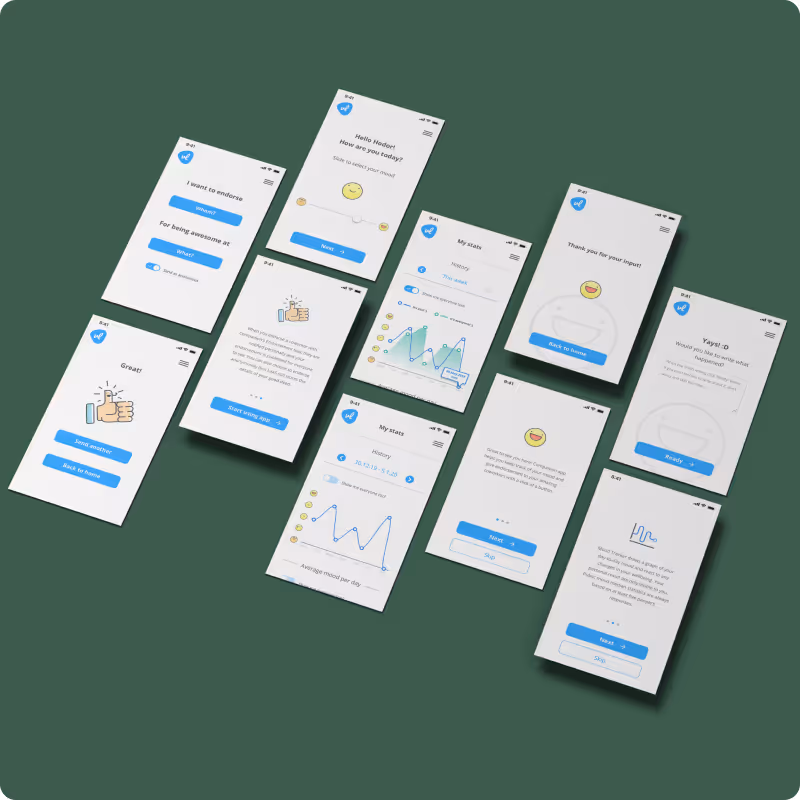 Nine smartphone screens showing various user interface designs for a mood tracking app with options for endorsing moods, viewing stats, inputting feelings, and motivational messages on a green background.