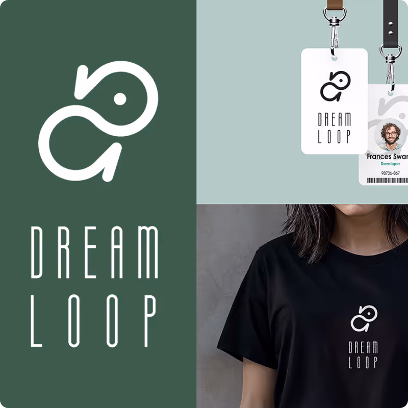 White Dream Loop logo with stylized infinity fish icon on green background, shown on badges and a black t-shirt worn by a person.
