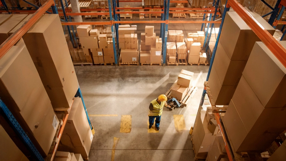 Empleado sosteniendo pallet con cajas en bodega