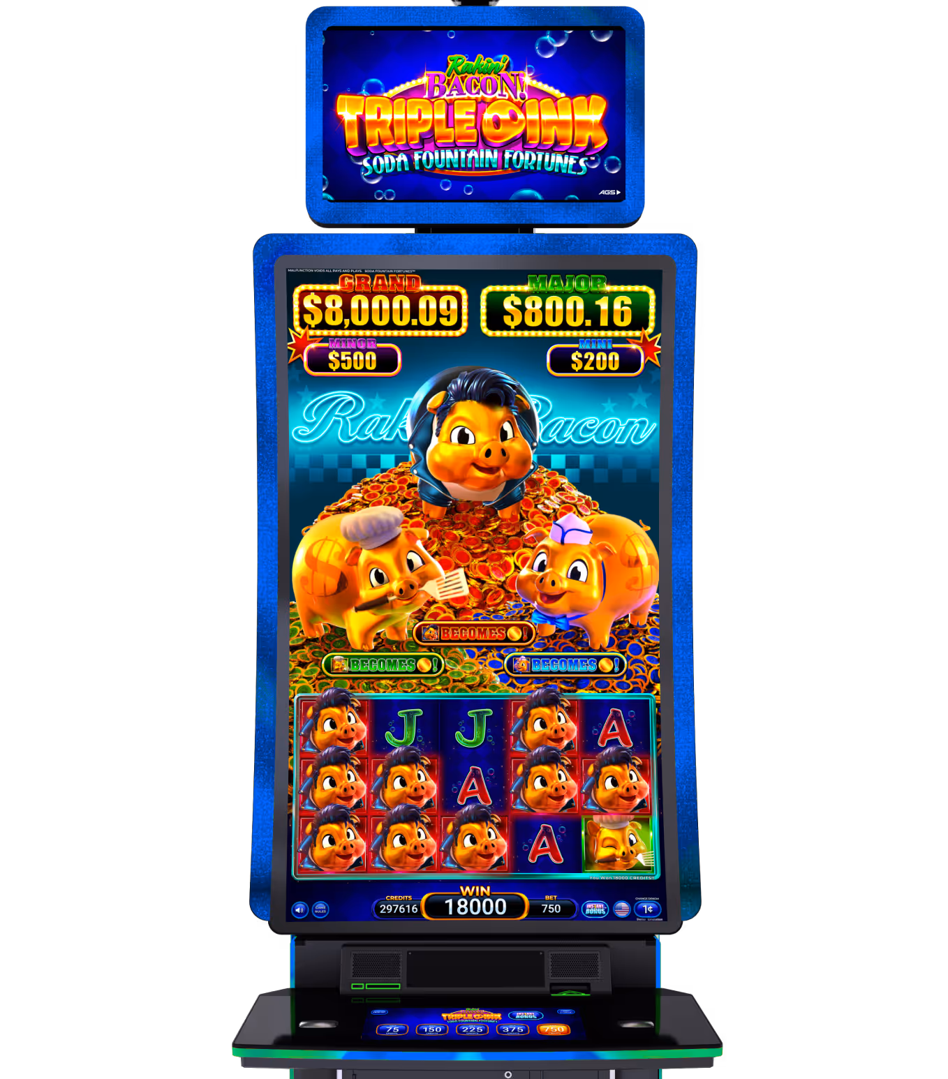 Colorful bacon-themed slot machine with cartoon characters and jackpot display