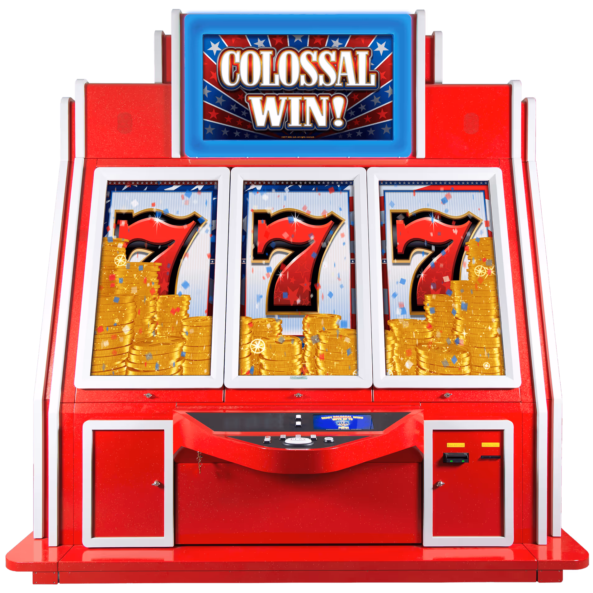 Red slot machine with three sevens and stacks of golden coins