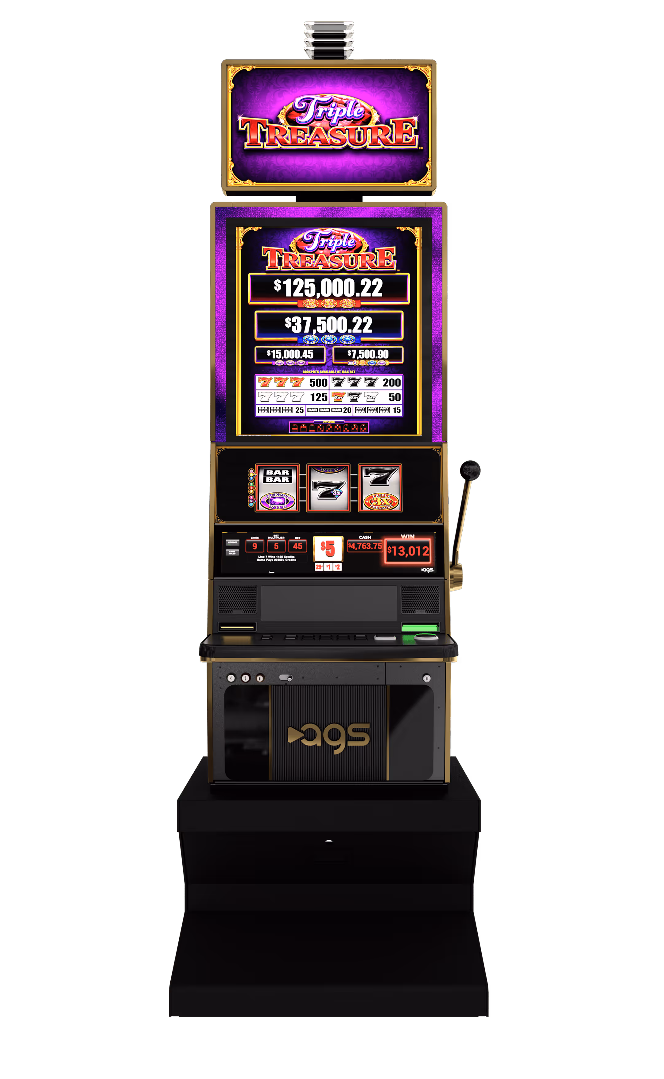 Triple Treasure slot machine with progressive jackpot and colorful display