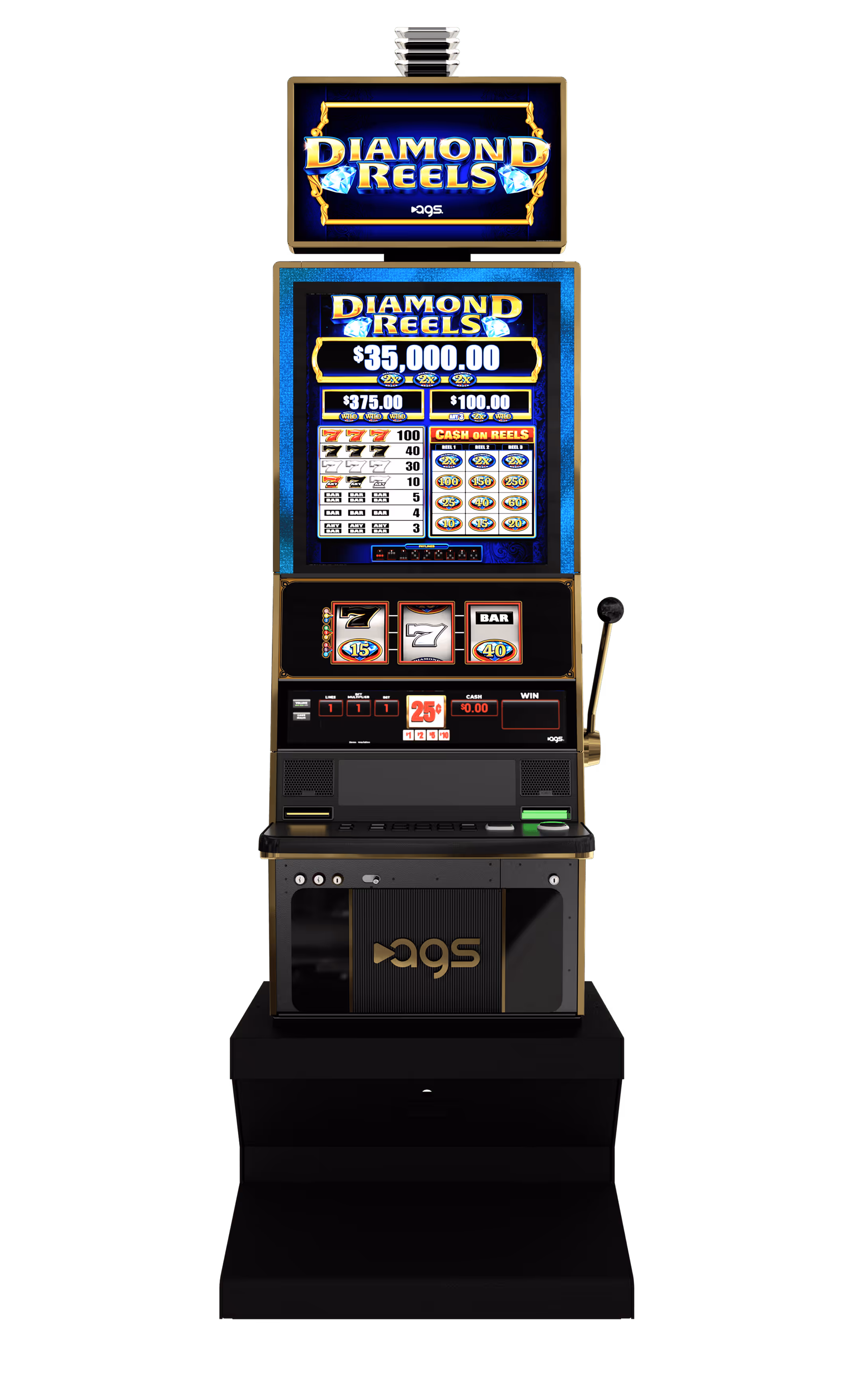Diamond Reels slot machine with $35,000 jackpot and spinning reels