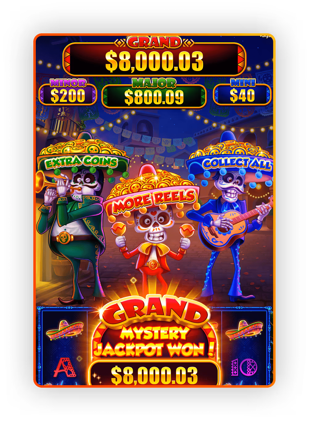Day of the Dead-themed slot machine with skeleton musicians and jackpot