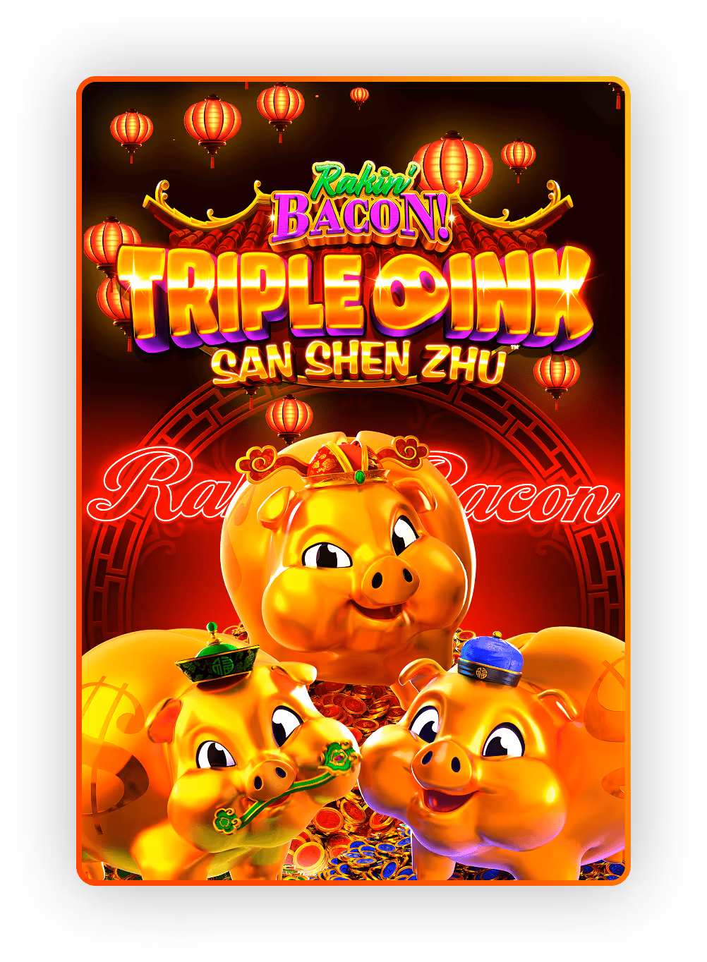 Golden cartoon pigs with Chinese lanterns in festive casino game poster