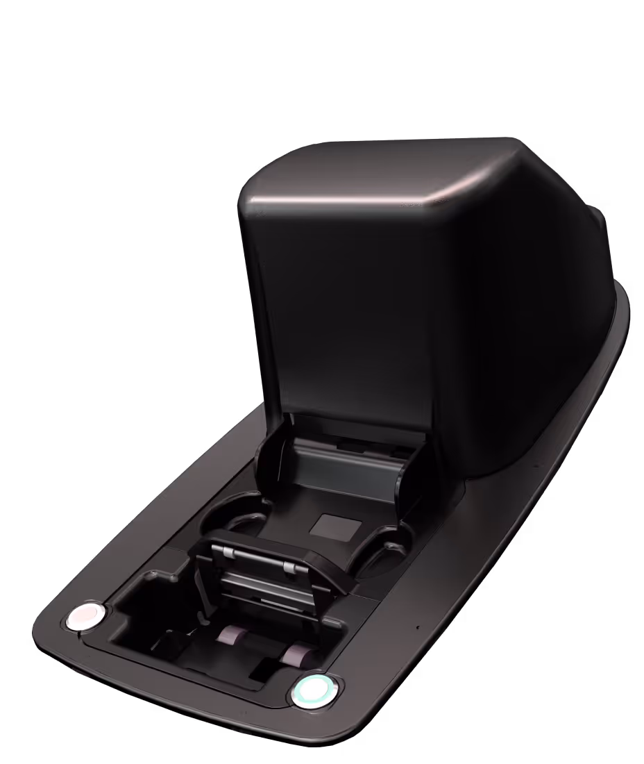 Black electronic device with open lid and complex internal components