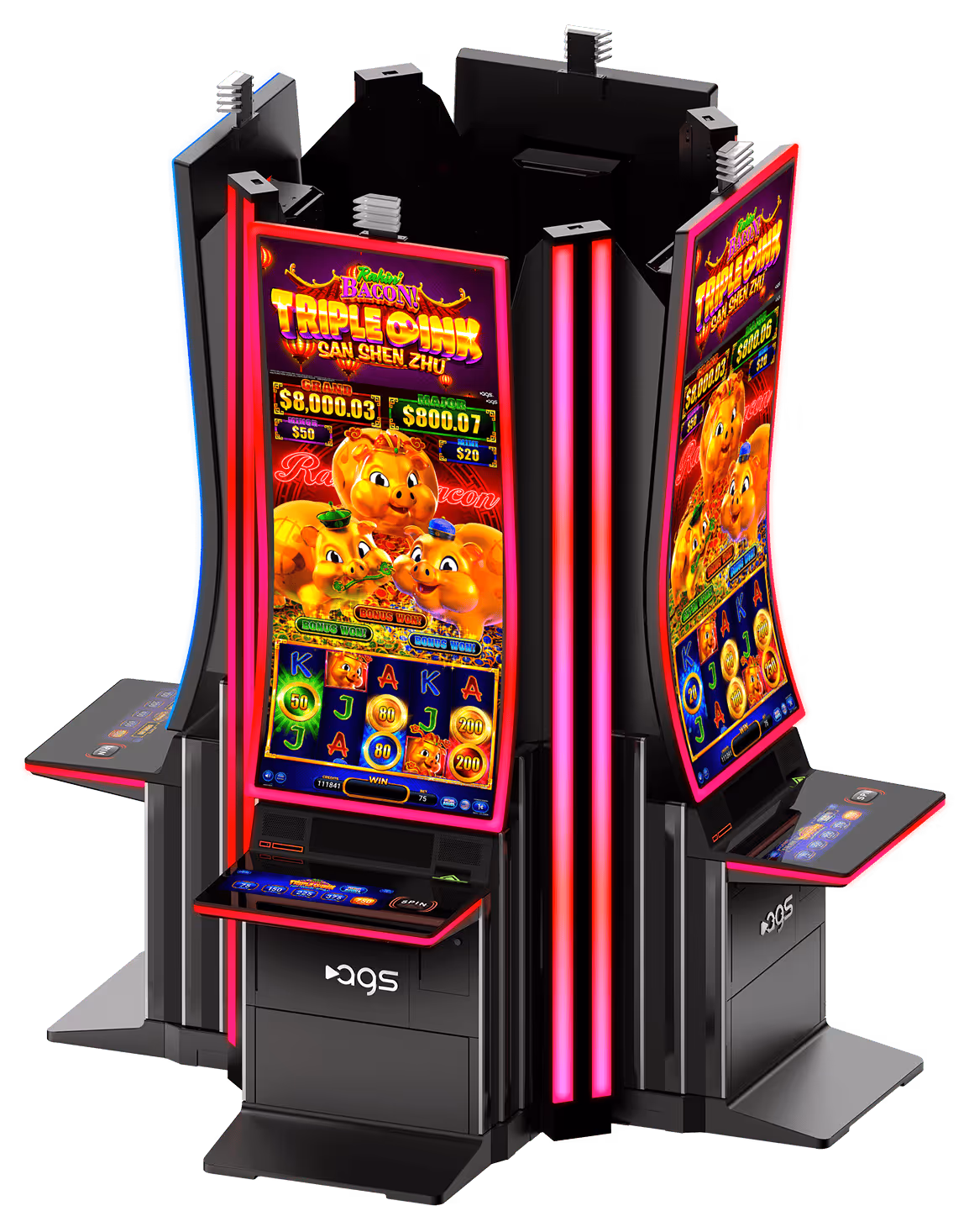 Colorful casino slot machine with Triple Oink game and cartoon pigs
