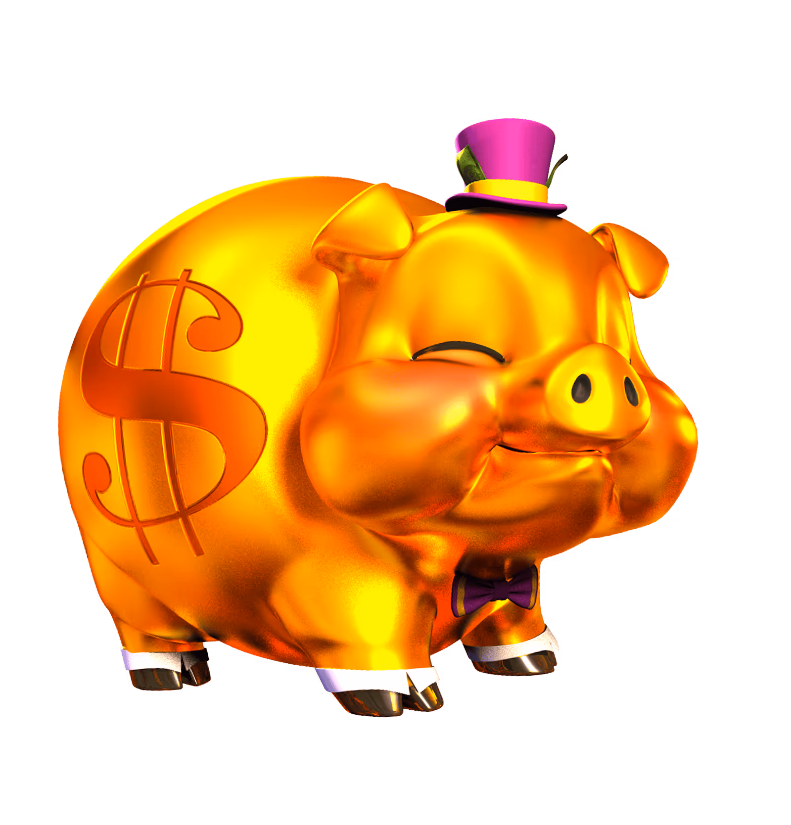 Golden piggy bank with dollar sign, top hat, and bow tie