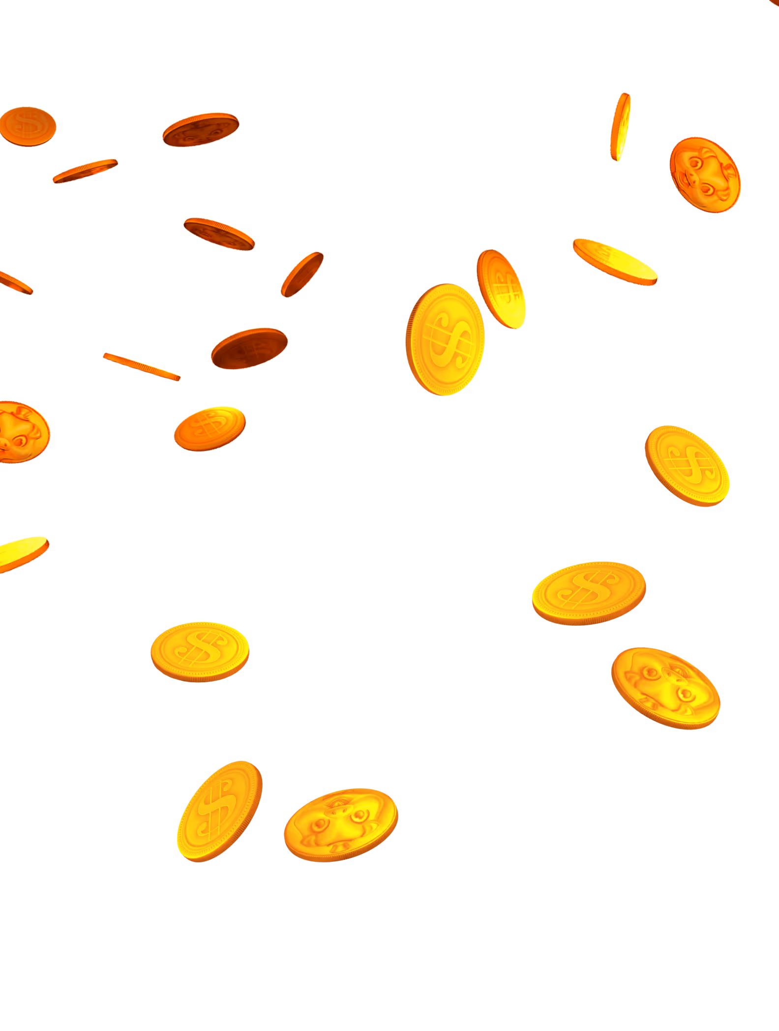 Golden dollar coins falling and scattered across white background