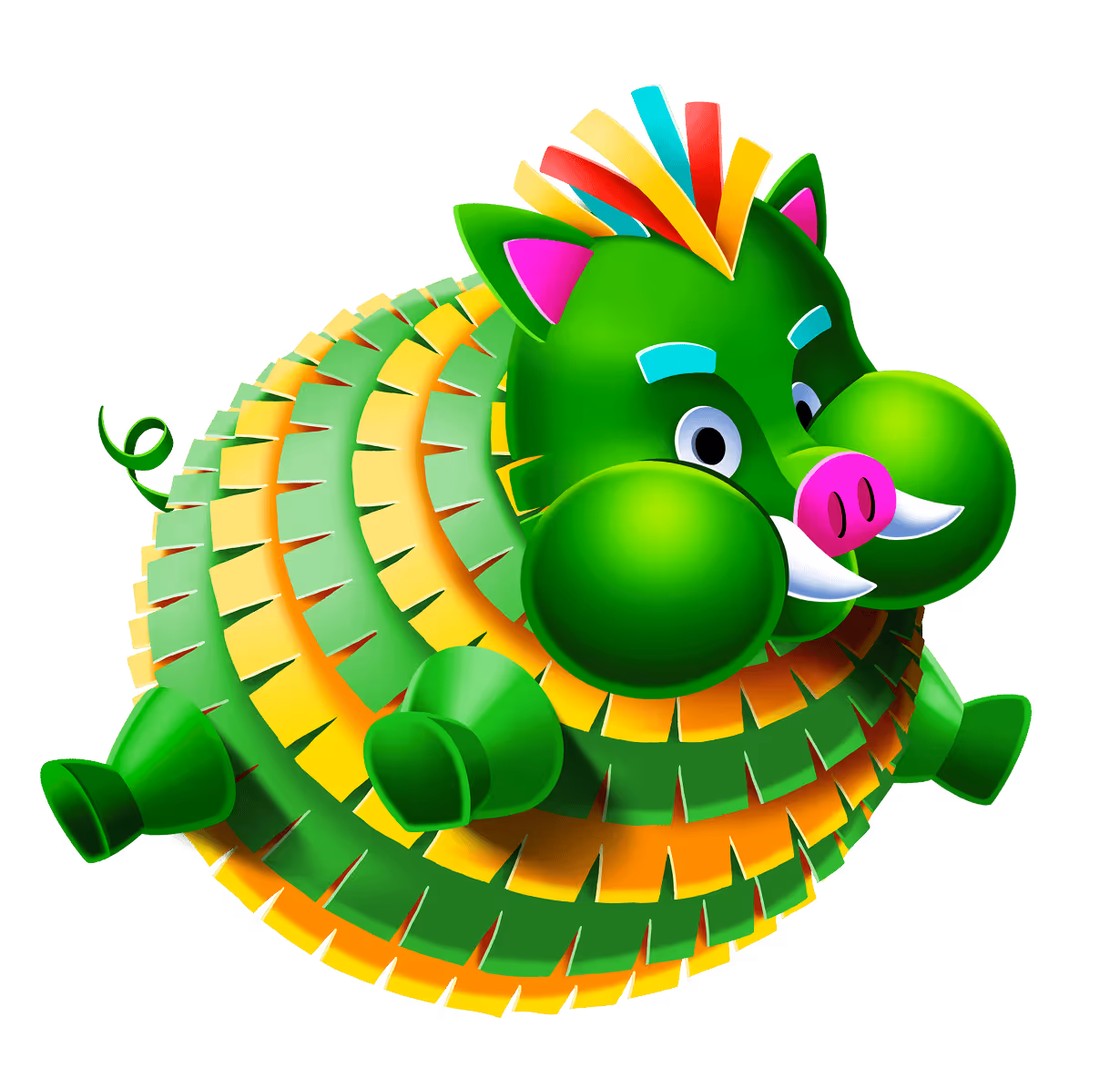 Colorful cartoon green pig pinata with spiky yellow and green layers