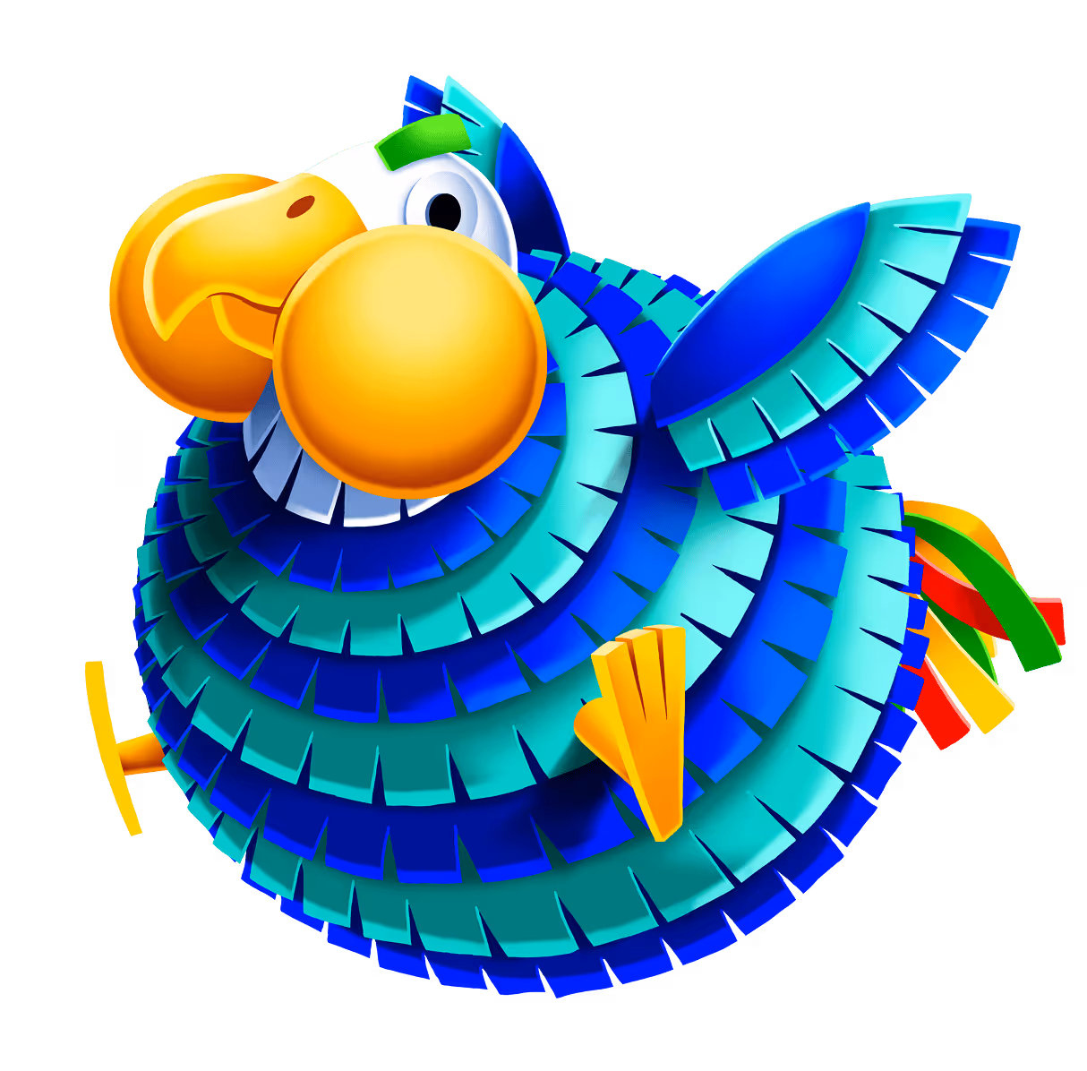 Colorful cartoon parrot with big yellow beak and blue-green feathered body