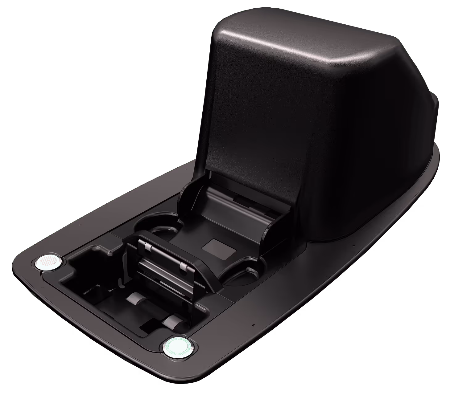 Black electronic device with open lid, mechanical components visible