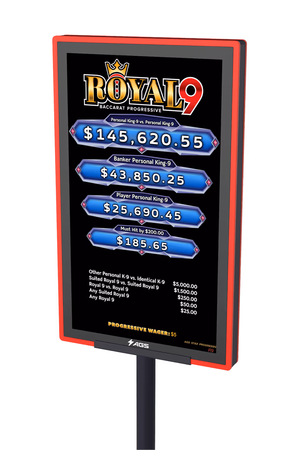Royal 9 Baccarat Progressive game display with jackpot amounts