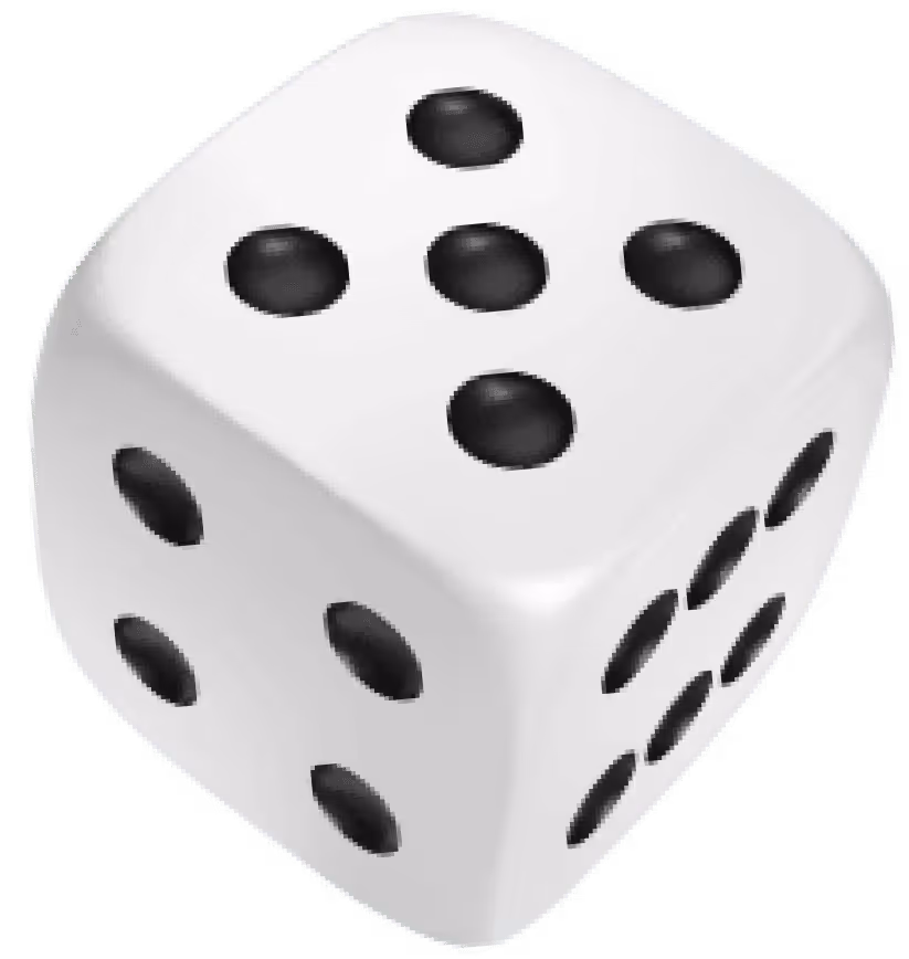 White six-sided die with black dots showing multiple faces