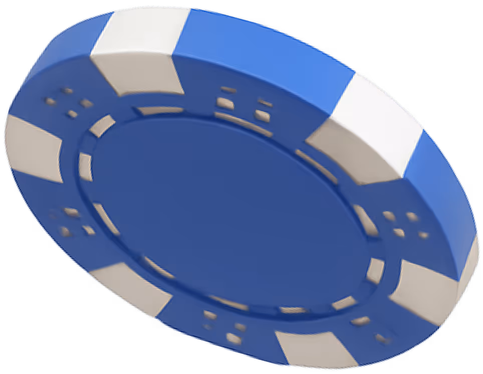 Blue and white poker chip tilted at an angle