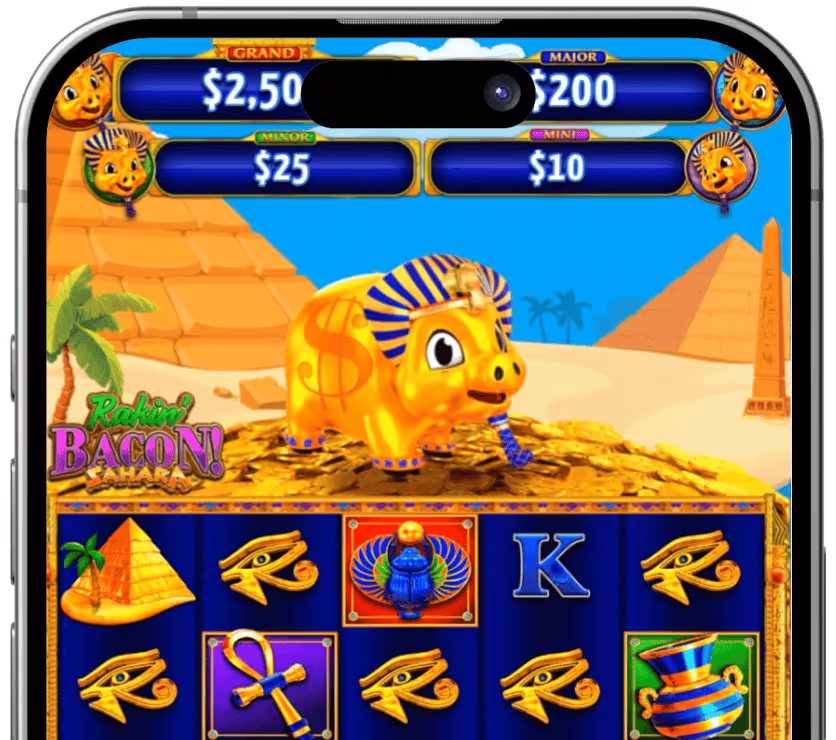 Egyptian-themed slot machine with golden piggy bank on coins