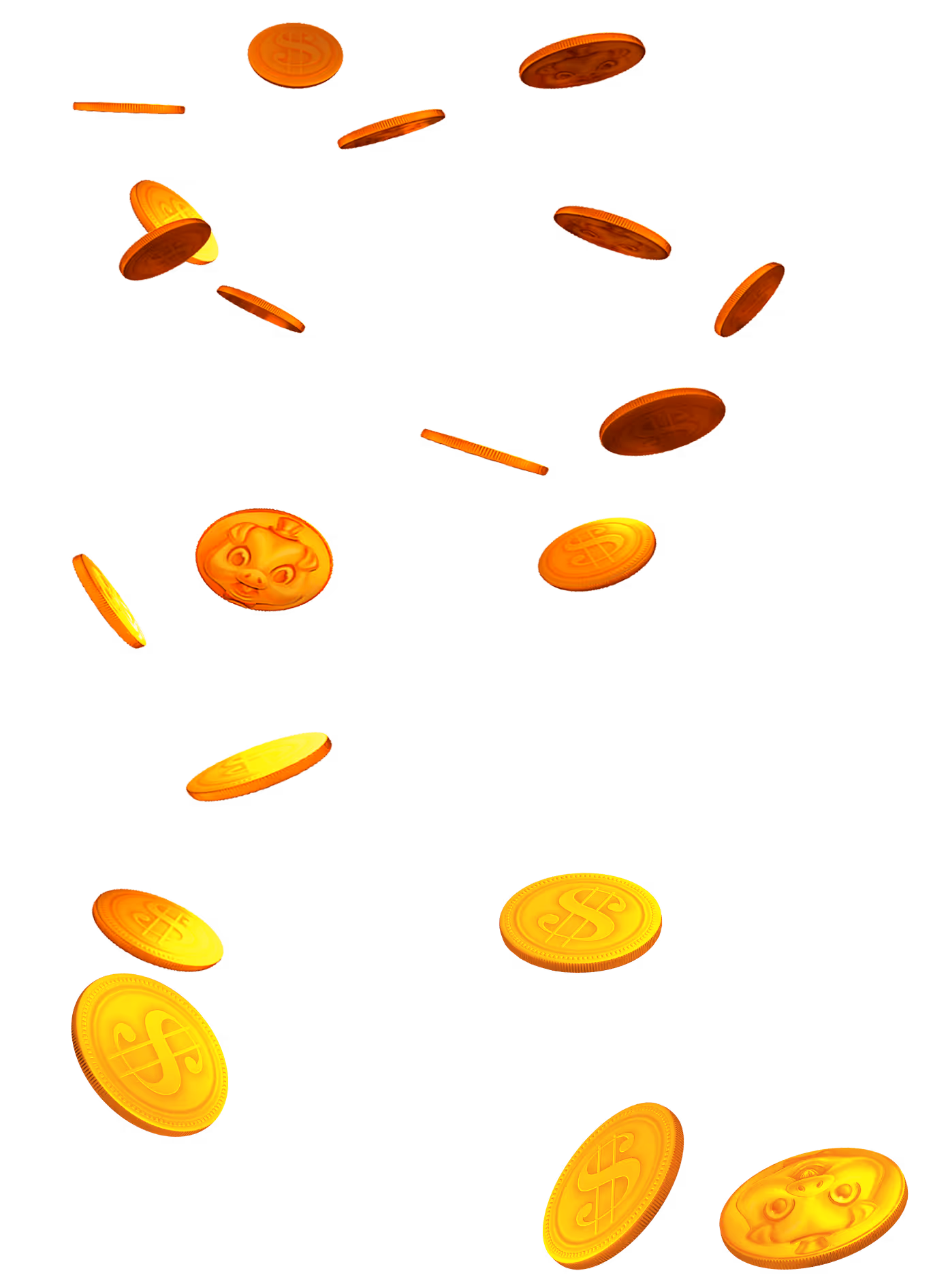 Golden coins falling and spinning in various orientations