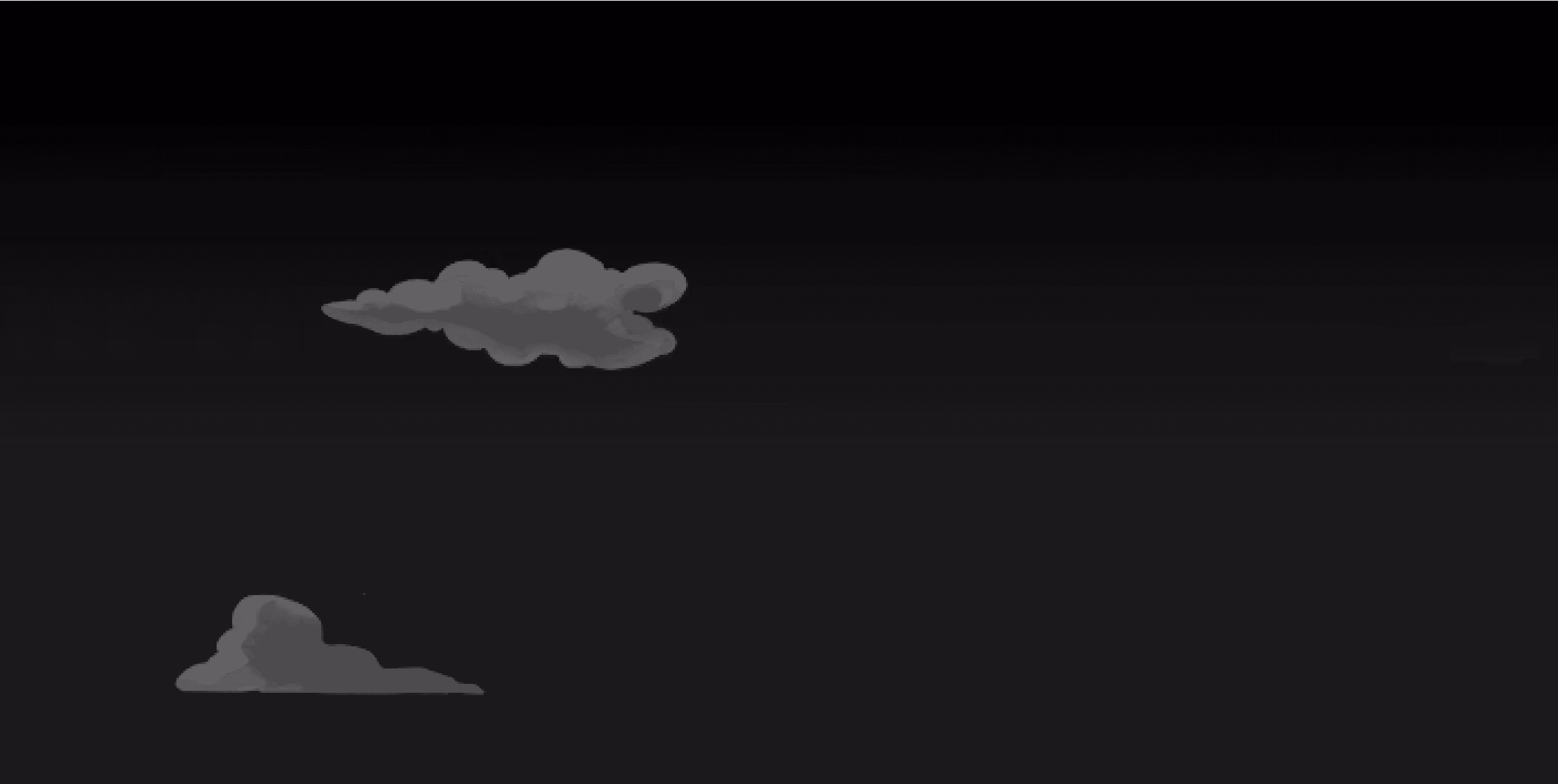 Two gray clouds floating in a dark black sky