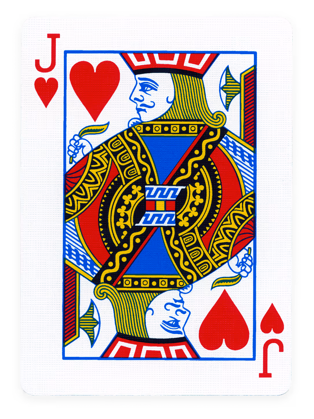 Jack of Hearts playing card with traditional design in red, blue, and yellow