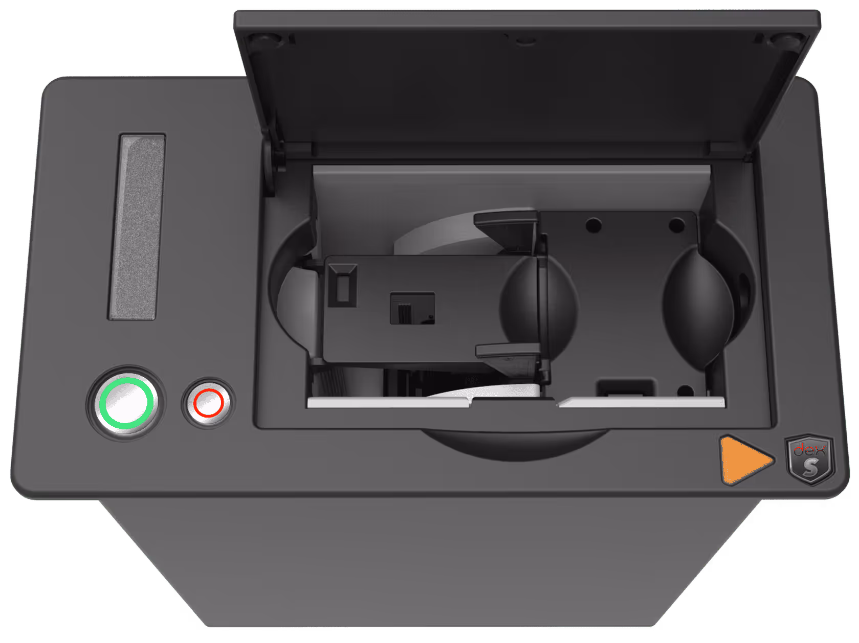 High-tech device with green and red power buttons and open lid