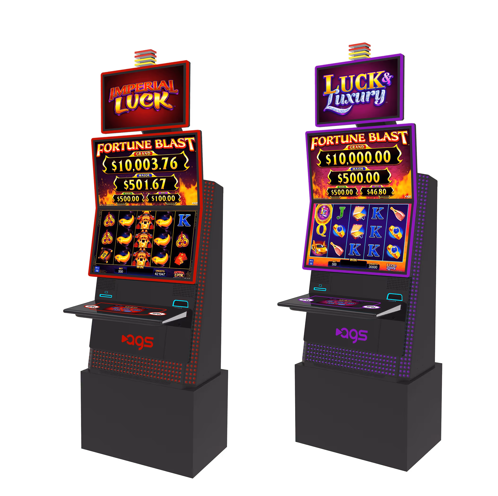 Two AGS Fortune Blast slot machines with Imperial Luck and Luck & Luxury themes