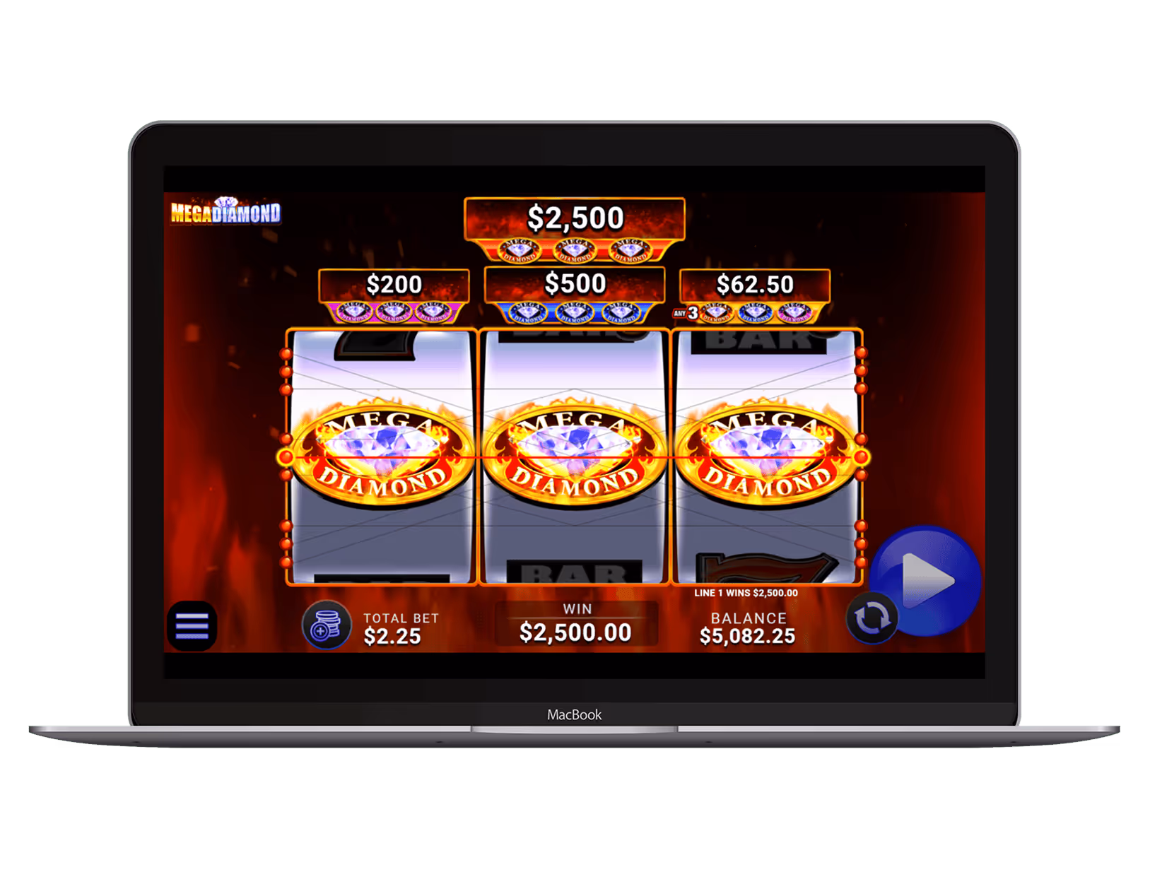 AGS Mega Diamond slot machine showing $2,500 win on MacBook screen