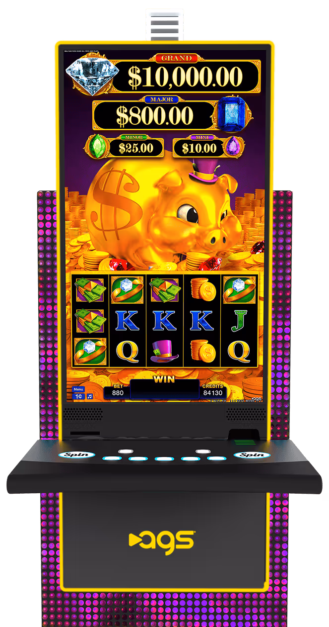 AGS golden piggy bank slot machine with multiple jackpot levels and coins