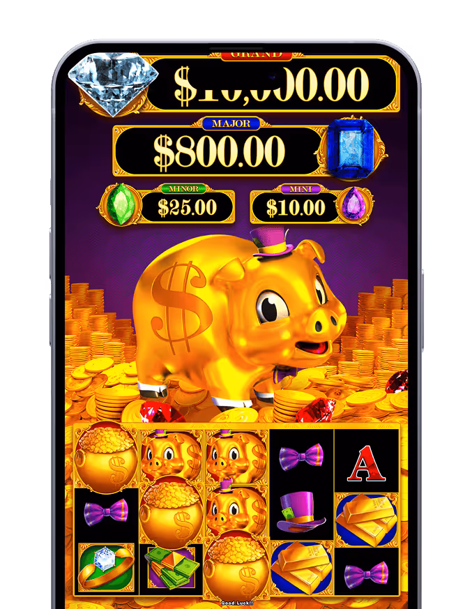 AGS golden piggy bank slot machine with jackpot prizes and golden coins