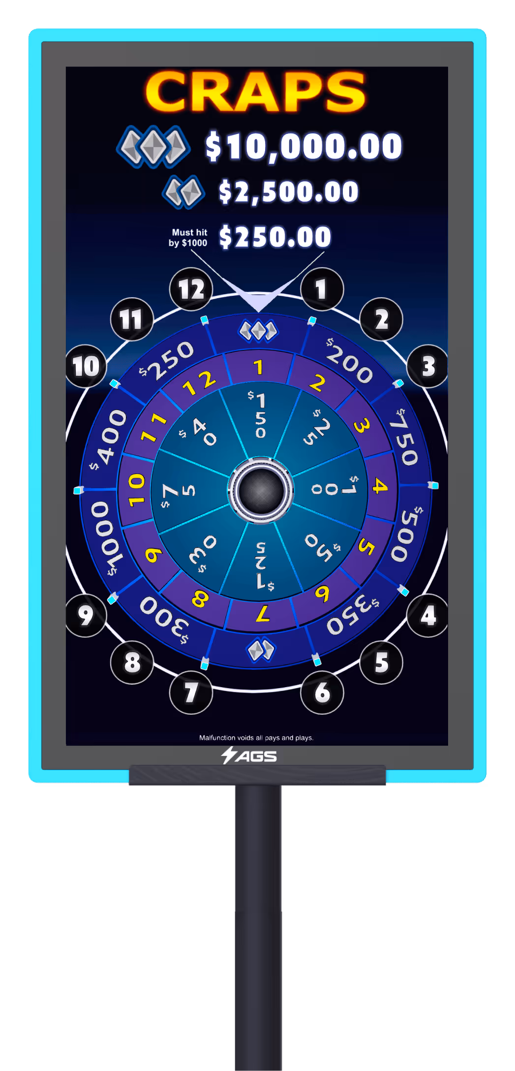 AGS Craps game board with colorful betting wheel and cash prizes