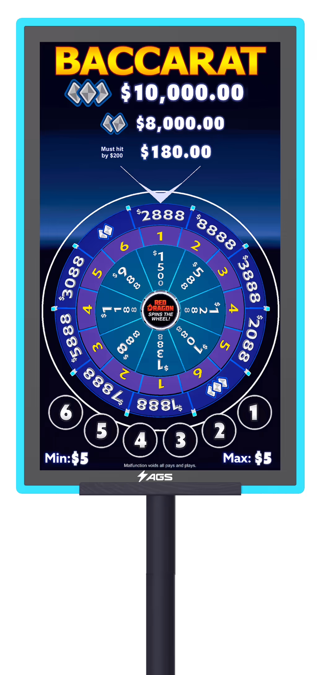 AGS Baccarat game wheel with colorful betting zones and progressive jackpot