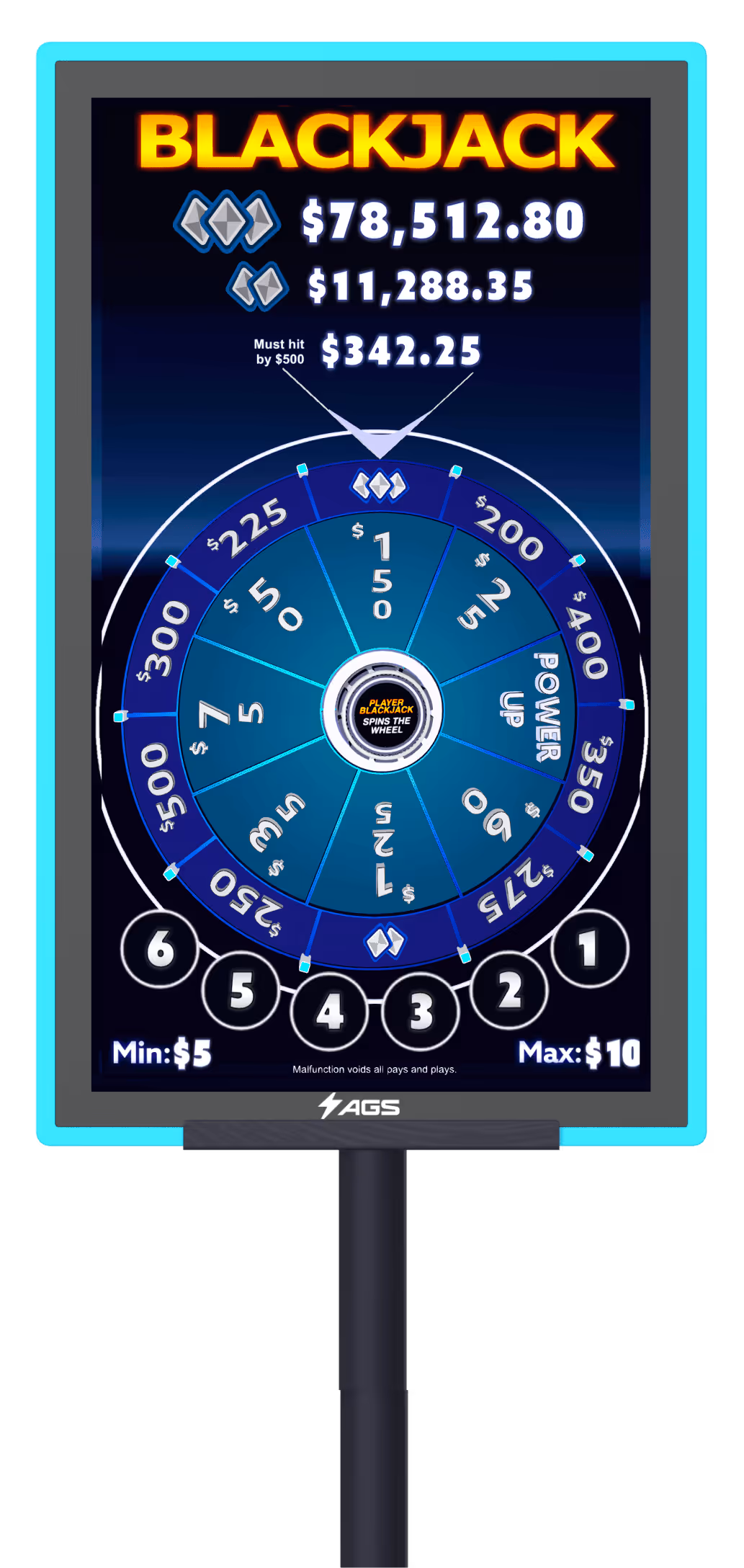 AGS Blackjack wheel showing potential winnings and betting ranges