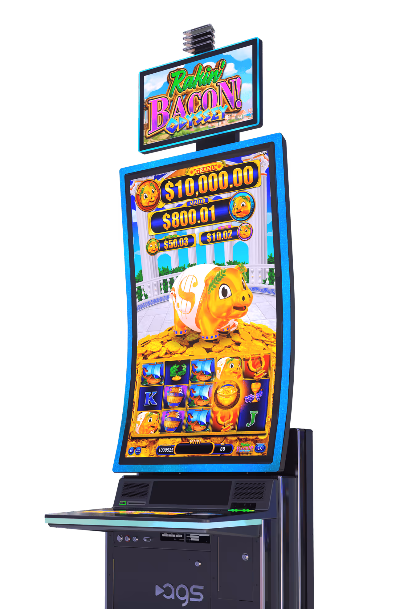 AGS Raising Bacon slot machine with colorful jackpot and cute pig character