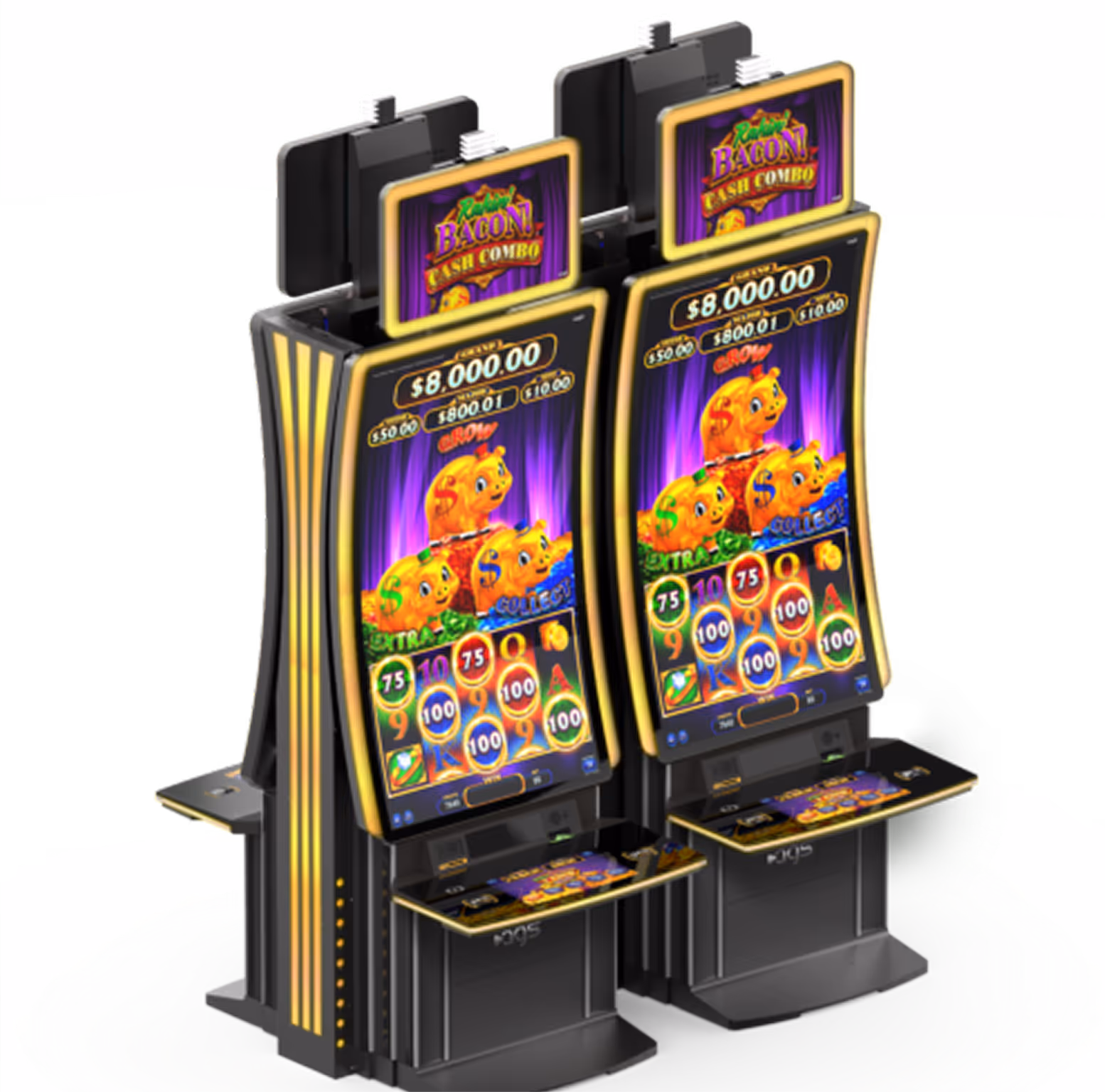 AGS Bacon Cash Combo slot machines with $8,000 jackpot display